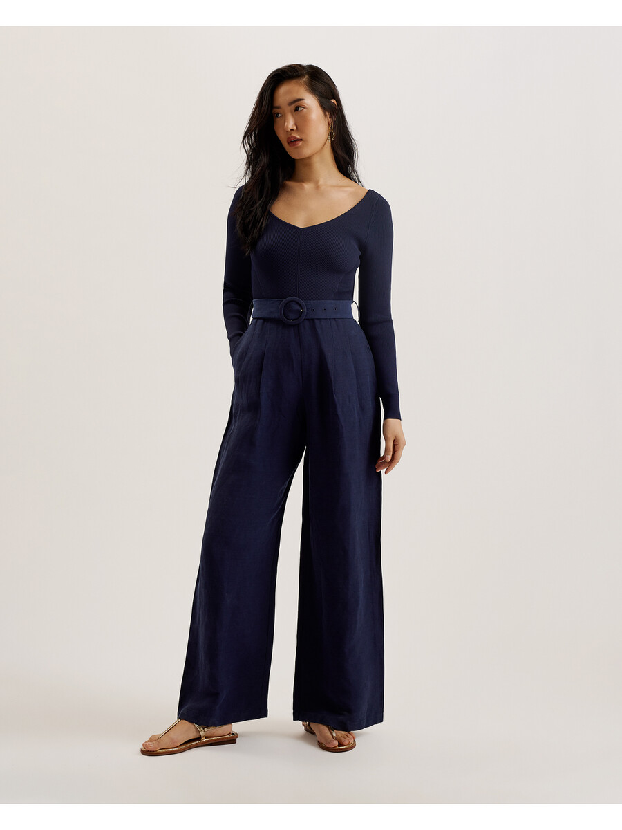 agatea - jumpsuit med vide ben og bælte bare skuldre