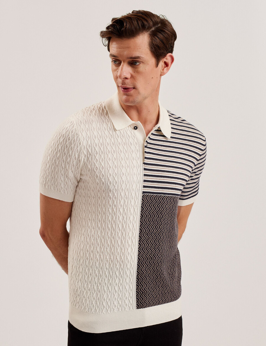 minsta - tekstureret patchwork strikket poloshirt